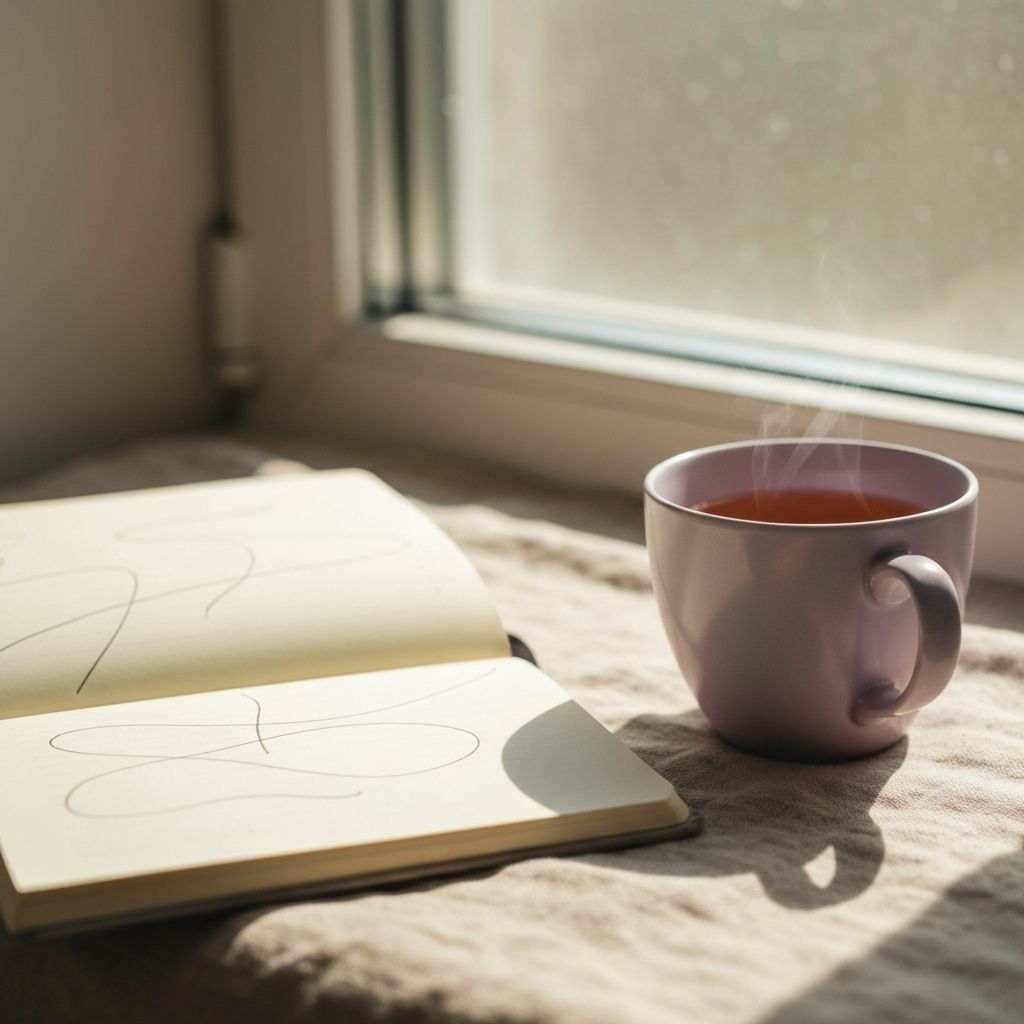 Open journal with tea cup in soft natural light