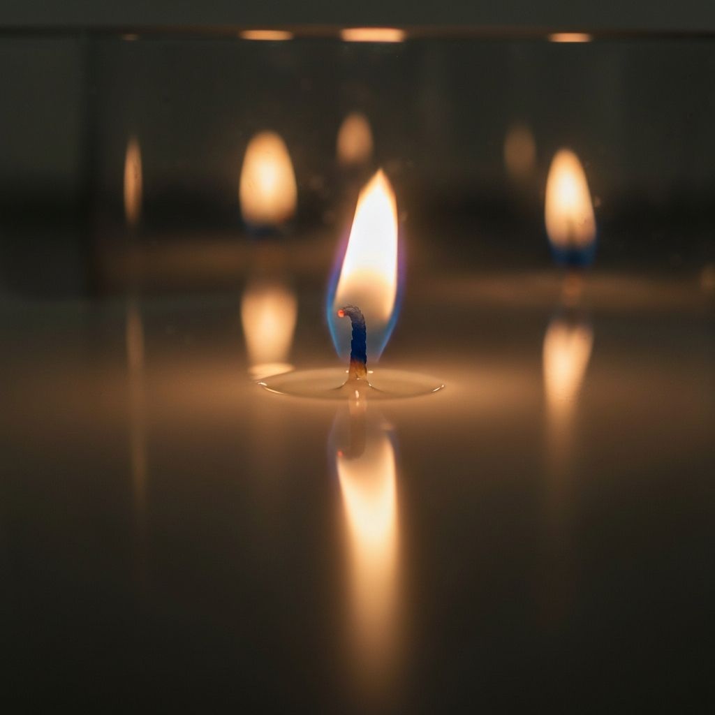 Candle flame reflection in glass showing gentle dancing light